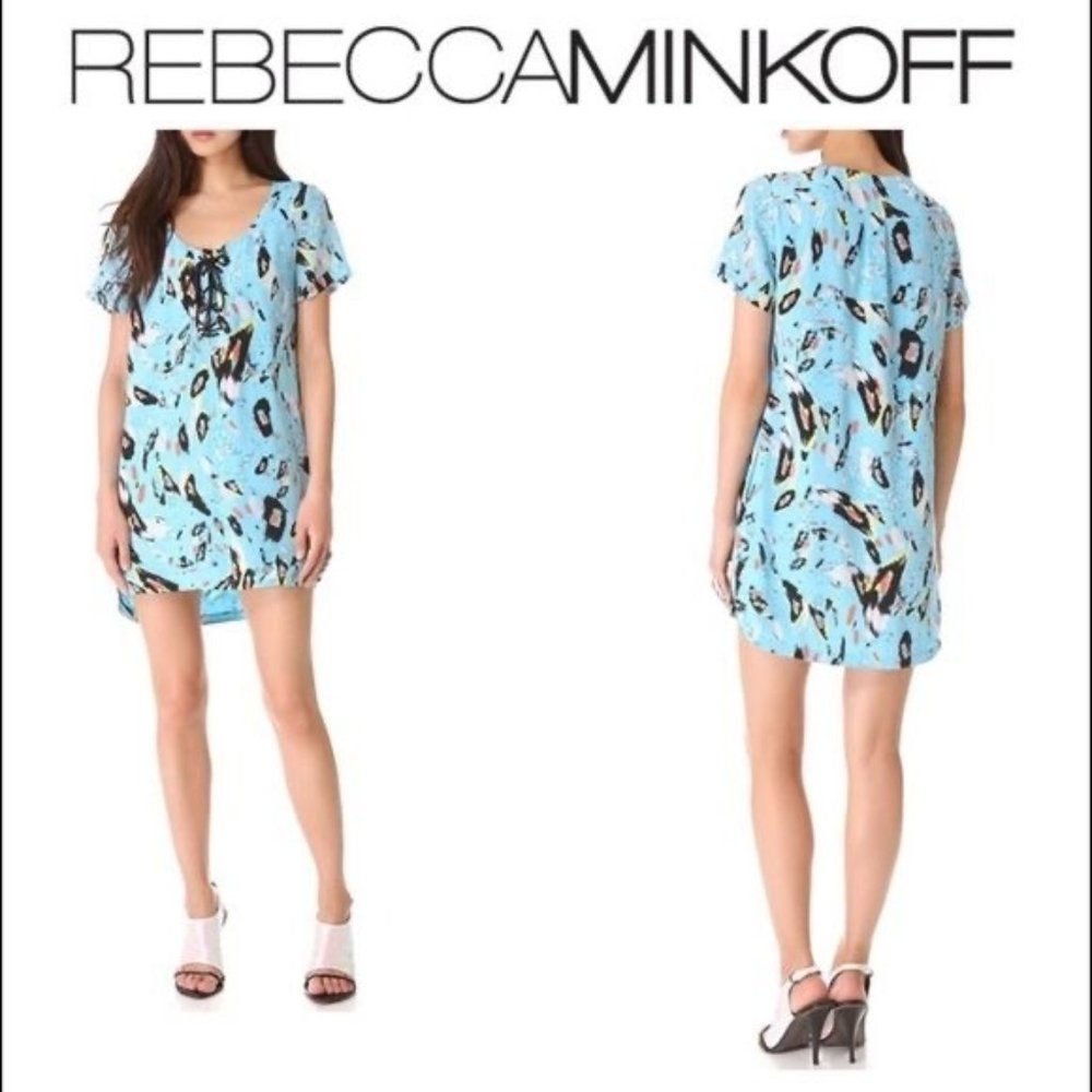 Rebecca Minkoff Shirt Dress 100% Silk  Mojabe Blue Shift Lace-Up Scoop Neck Sz L